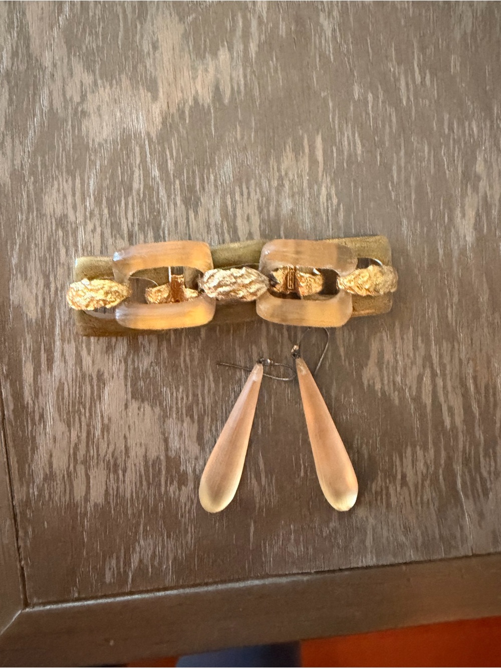 Alexis Bittar Gold Earrings with Teardrop Drops plus a matching link bracelet
